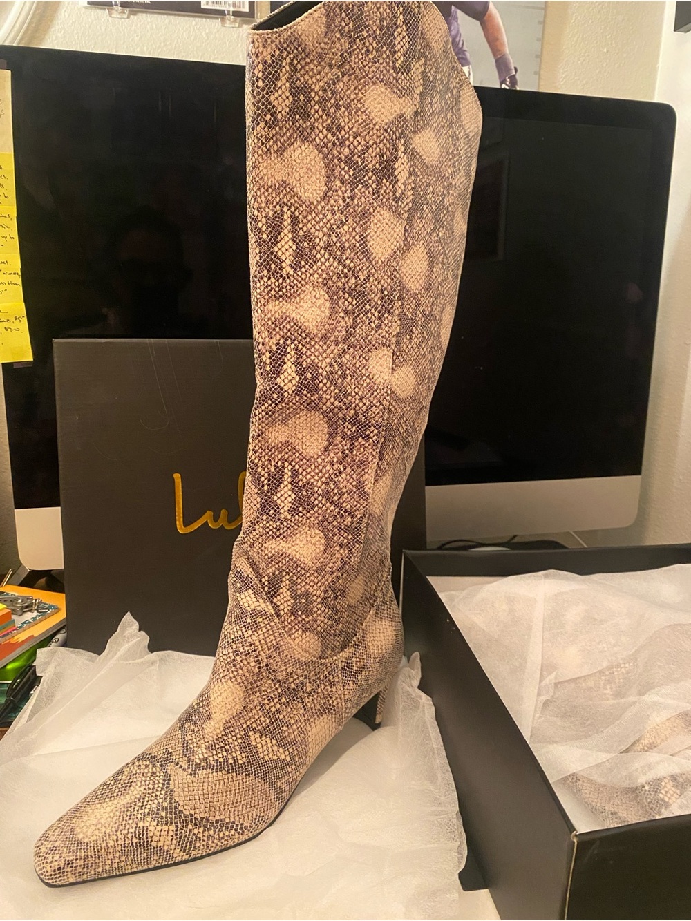 Lulu's Taupe and Brown Snake-Print Pointed Toe Knee Boot